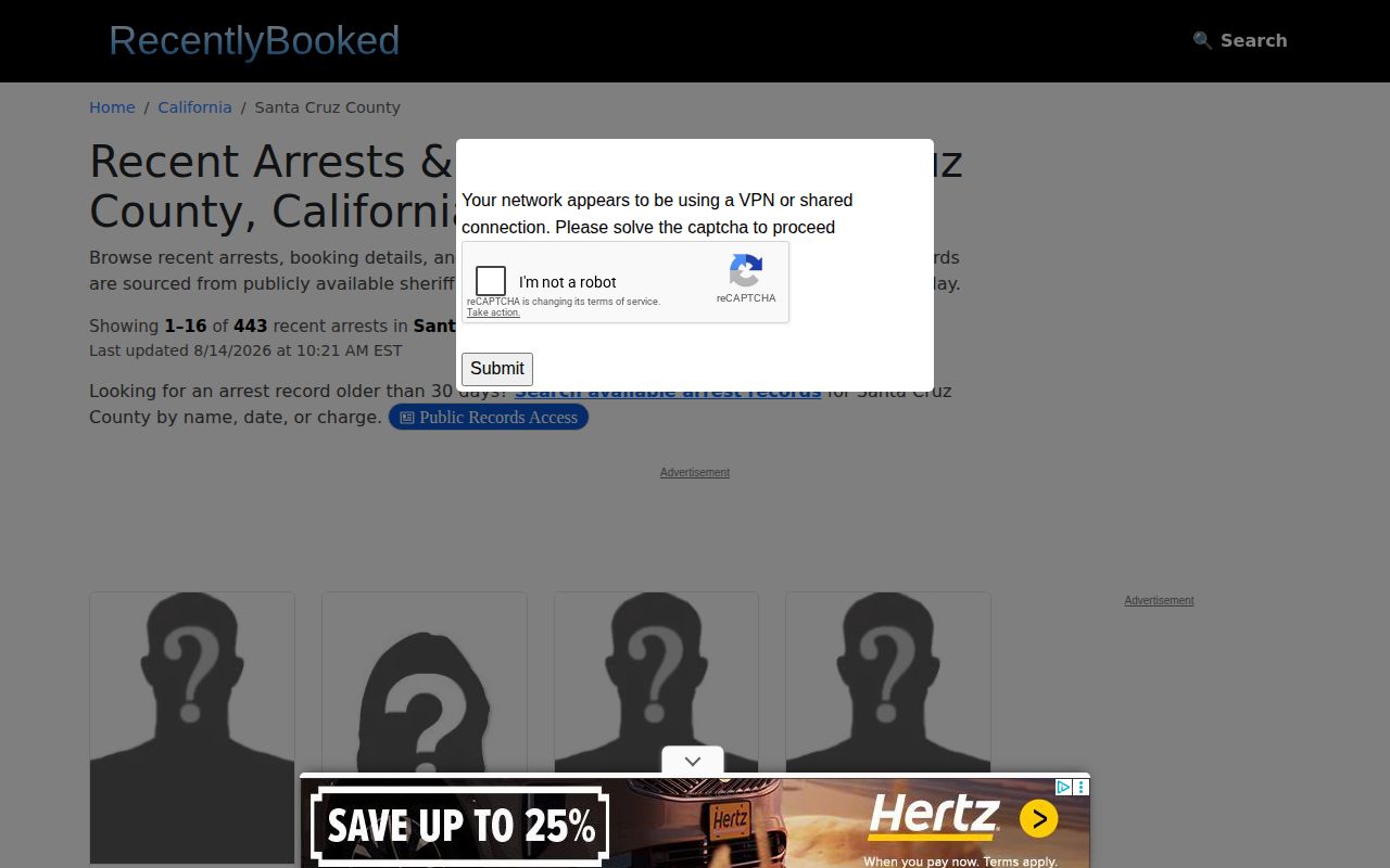 Santa Cruz County unofficial booking record feed at RecentlyBooked