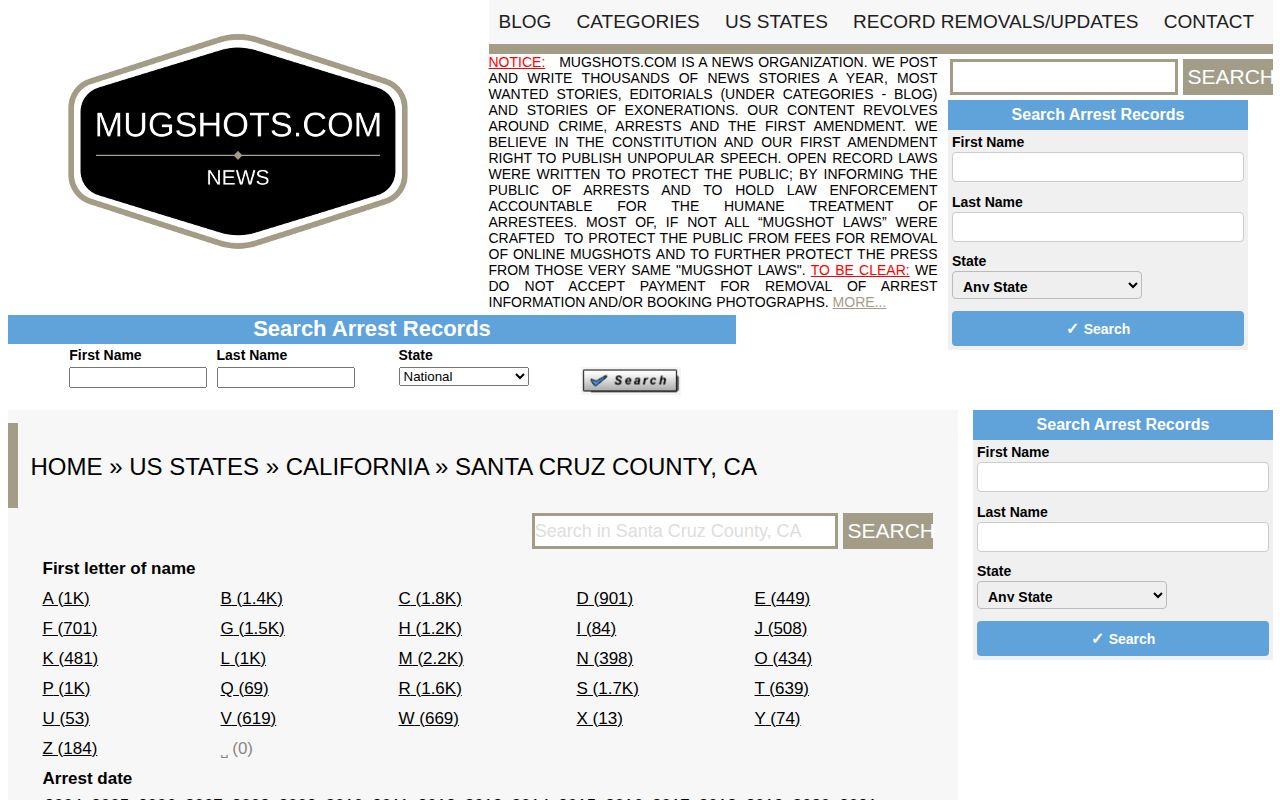 Santa Cruz County stale unofficial mugshot and arrest record archive