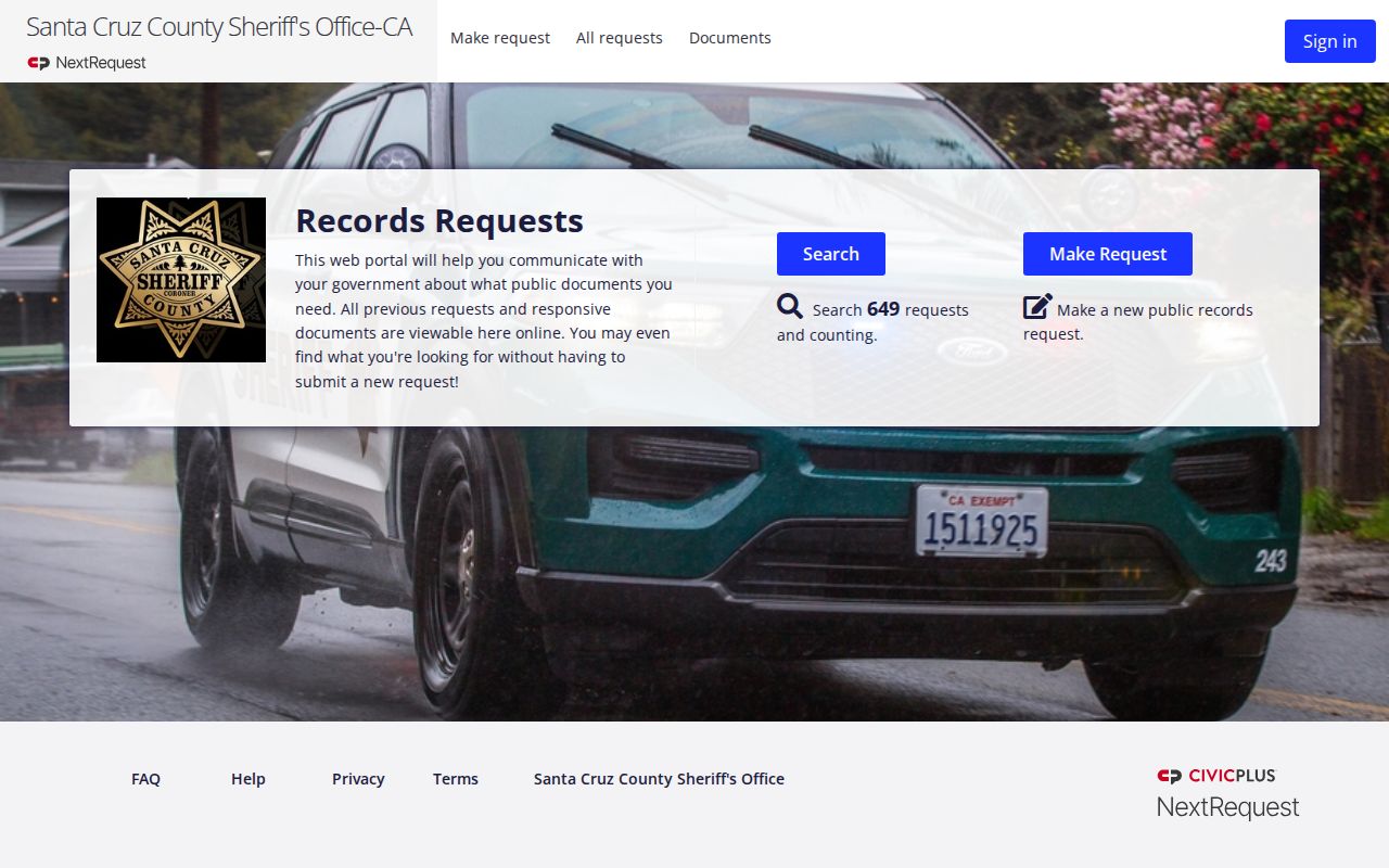 Santa Cruz County booking record and mugshot request portal