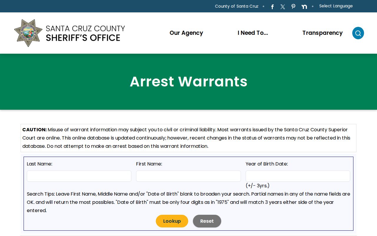 Santa Cruz County Sheriff warrant record search form