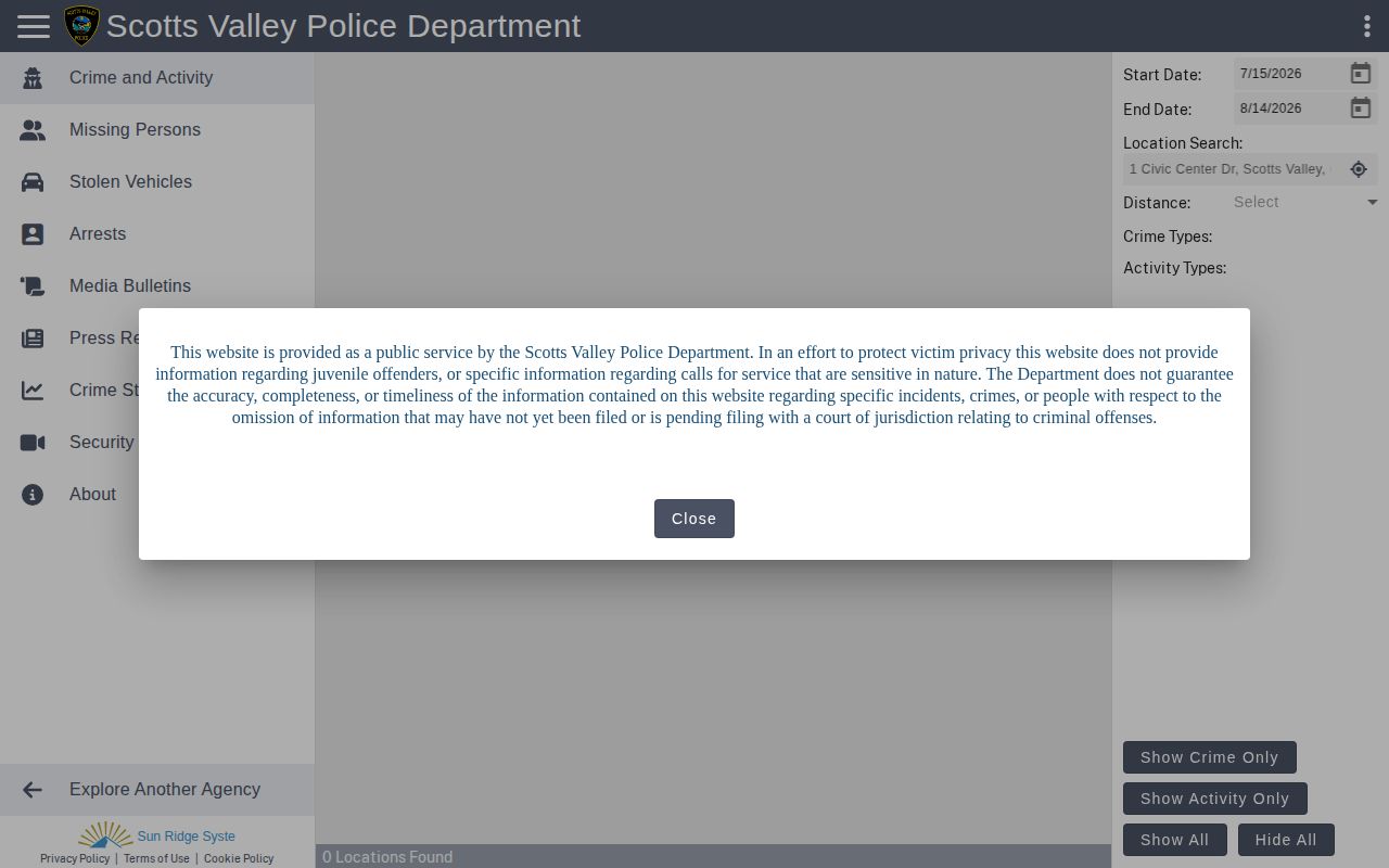 Scotts Valley Police Citizen RIMS arrest record interface